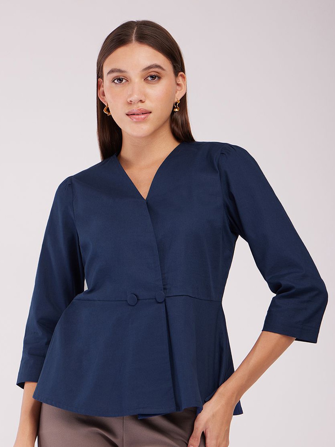 

FableStreet Cotton Solid V-Neck Peplum Top, Navy blue