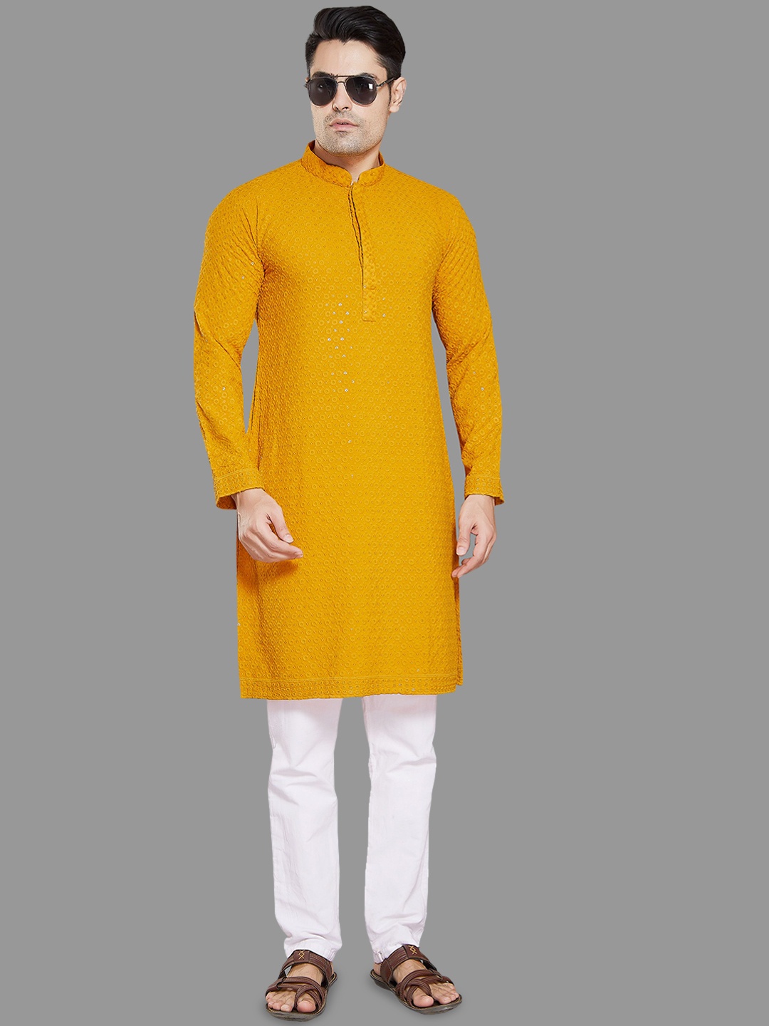 

DIVISIVE Floral Embroidered Mandarin Collar Sequinned Straight Kurta, Mustard