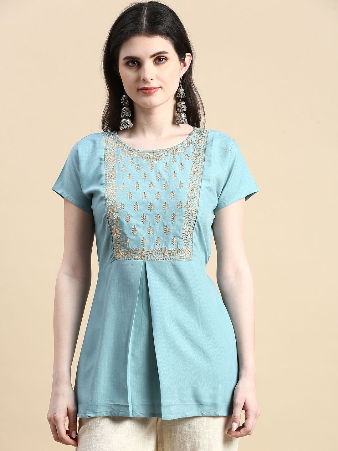 

GRANTH FASHION Women Embroidered Ethnic Print Round Neck Top, Red