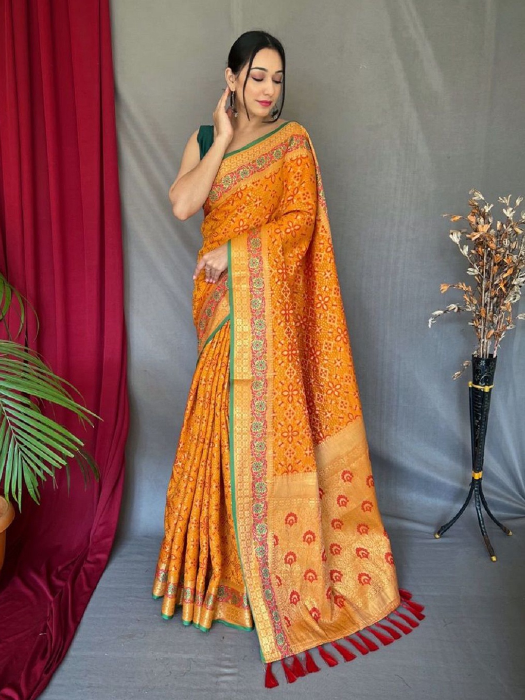 

SHOBHA SAREES Ethnic Motifs Zari Pure Silk Patola Saree, Mustard