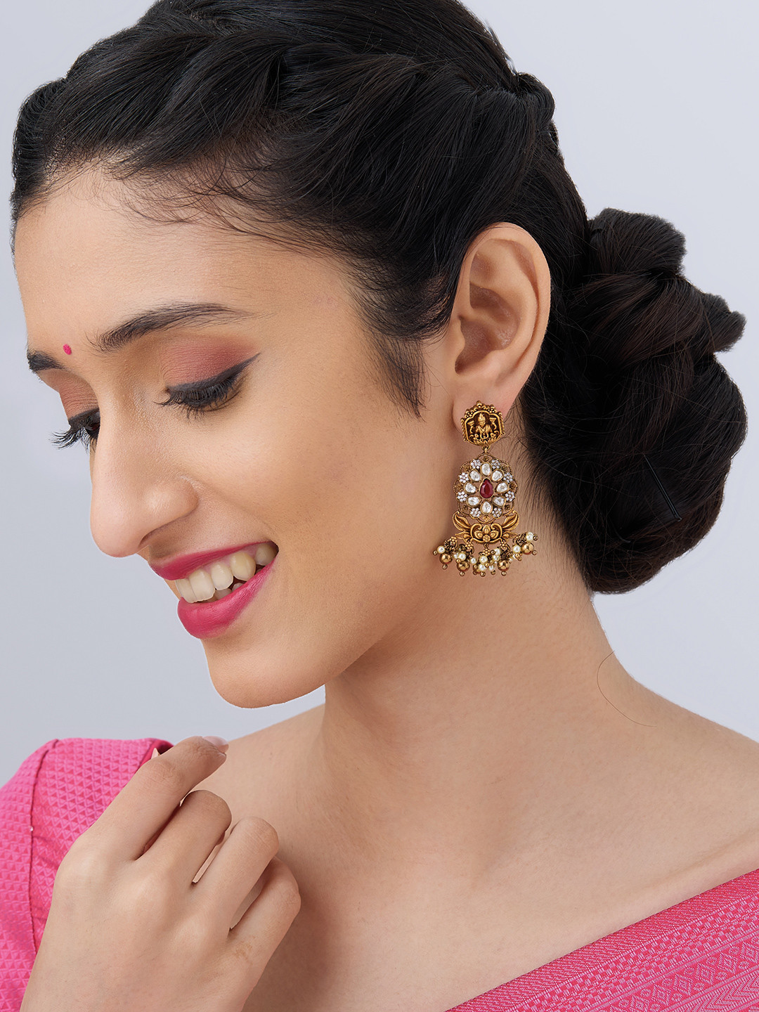 

Kushal's Fashion Jewellery 92.5 Pure Silver Artificial Stones Dome Shaped Drop Earrings, Gold