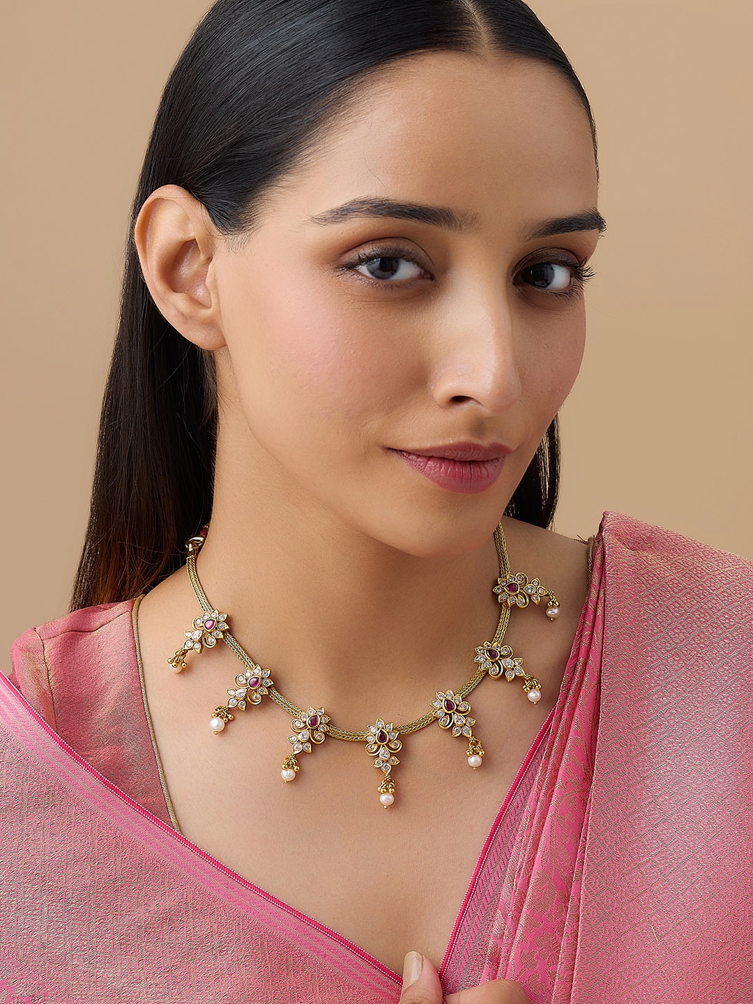 

Kushal's Fashion Jewellery 92.5 Pure Silver Gold-Plated Temple Necklace