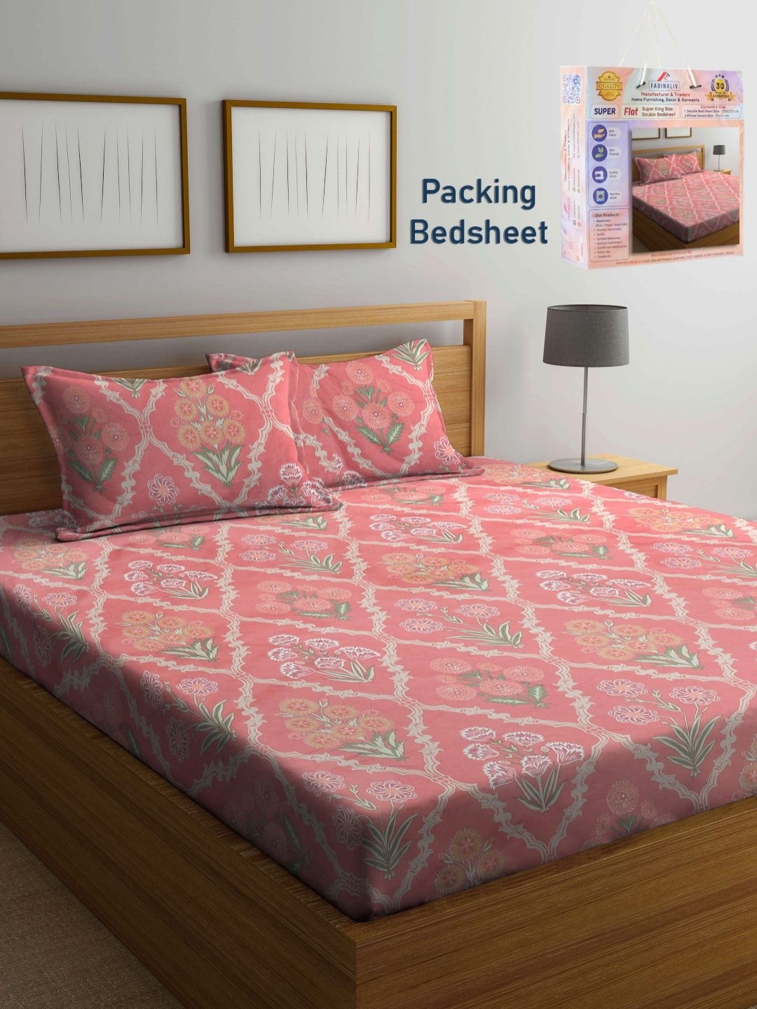 

FABINALIV Pink & White Floral 300 TC King Bedsheet with 2 Pillow Covers