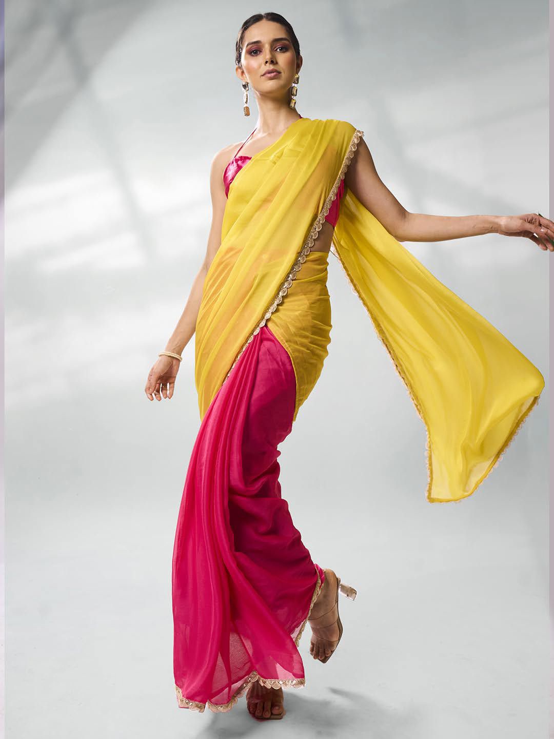 

Kalista Colourblocked Sequinned Pure Chiffon Ready to Wear Saree, Pink