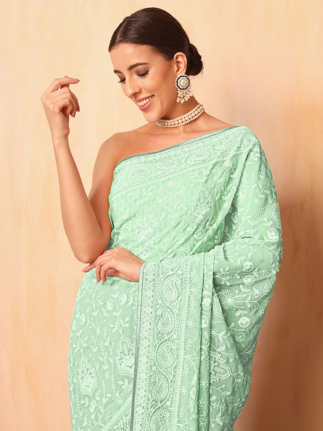 

Chhabra 555 Ethnic Motifs Embroidered Chikankari Saree, Sea green