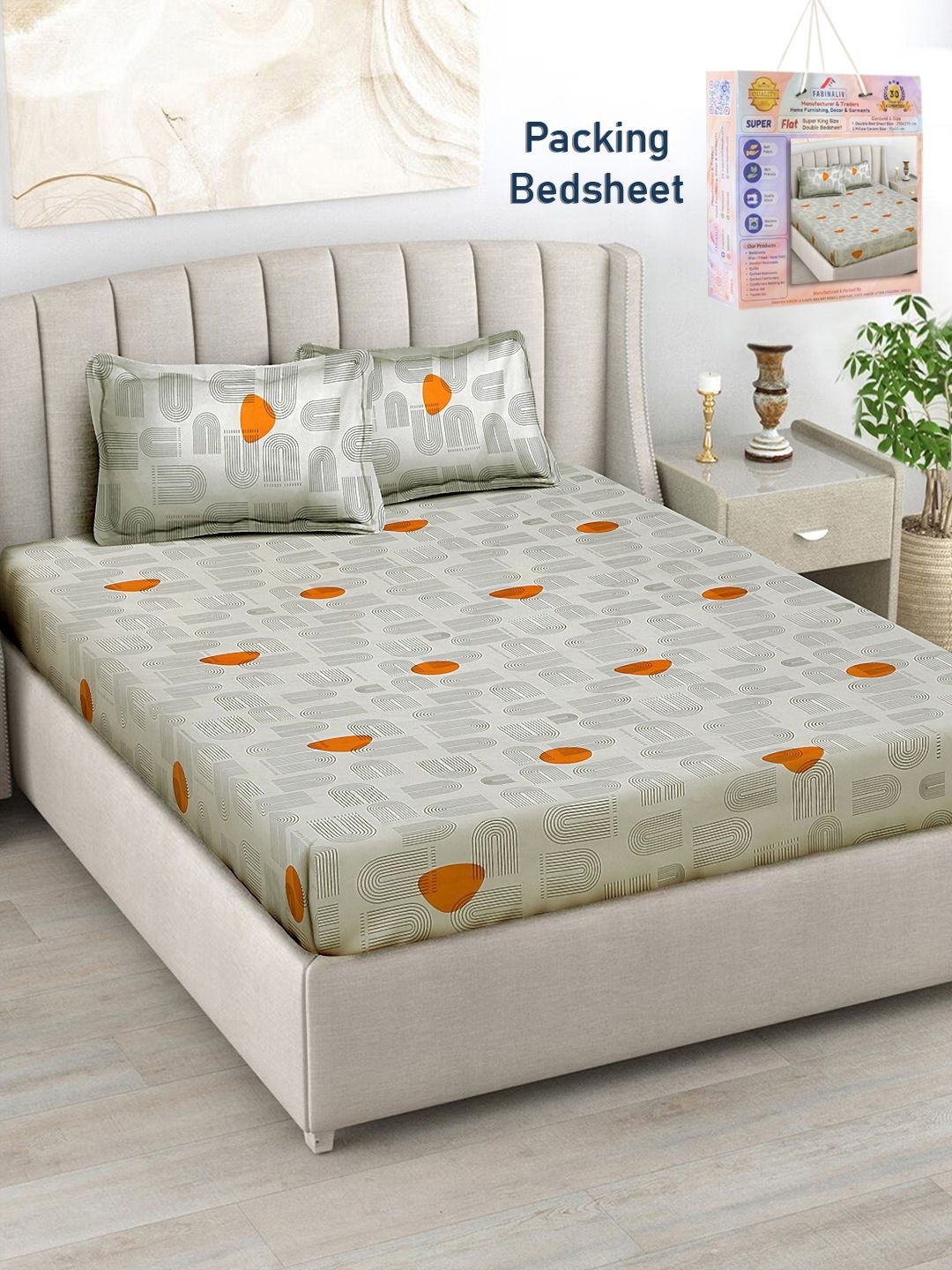 

FABINALIV Beige & Orange Geometric 300 TC King Bedsheet With 2 Pillow Covers