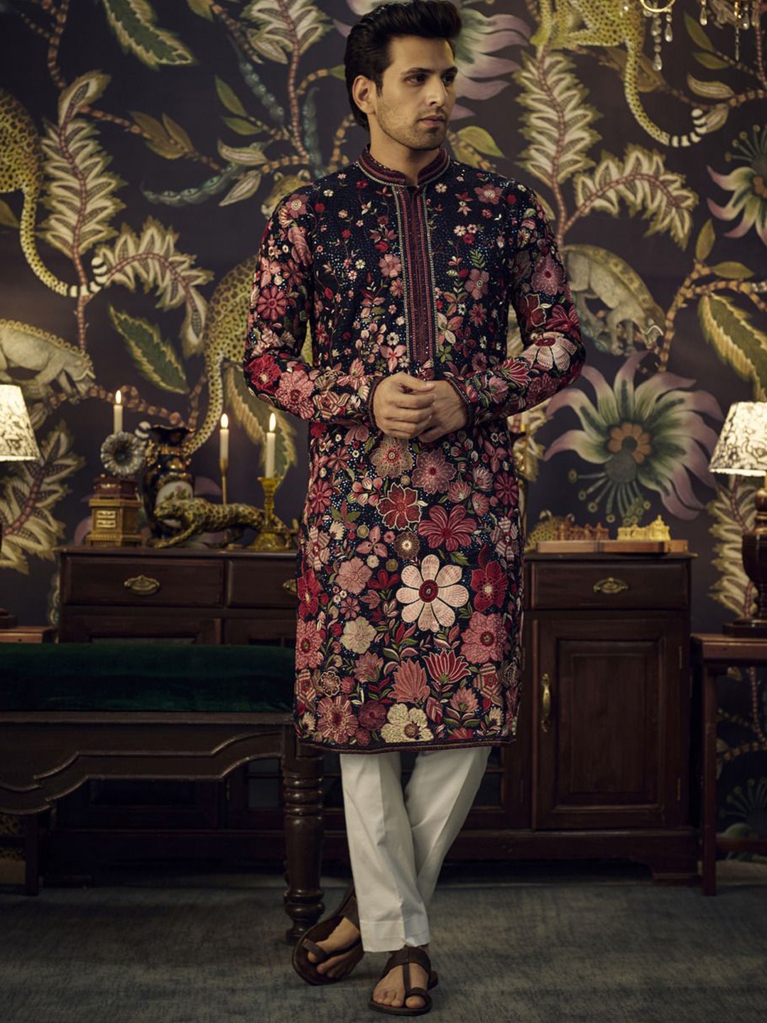 

KASBAH CLOTHING NISHCHAIY SAJDEH Floral Embroidered Mandarin Collar Georgette Kurta, Navy blue