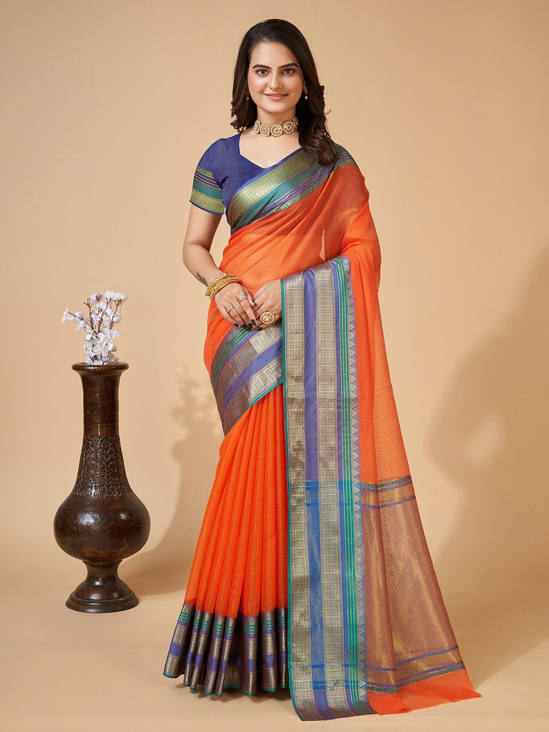 

KALINI Woven Design Zari Silk Cotton Kota Saree, Orange