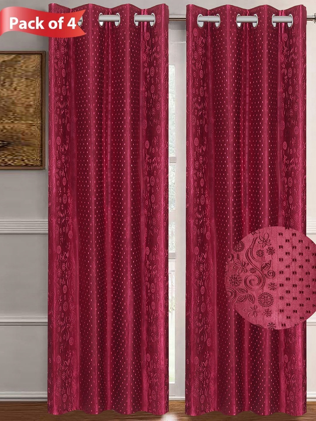 

Aura Maroon Set of 4 Floral Door Curtains