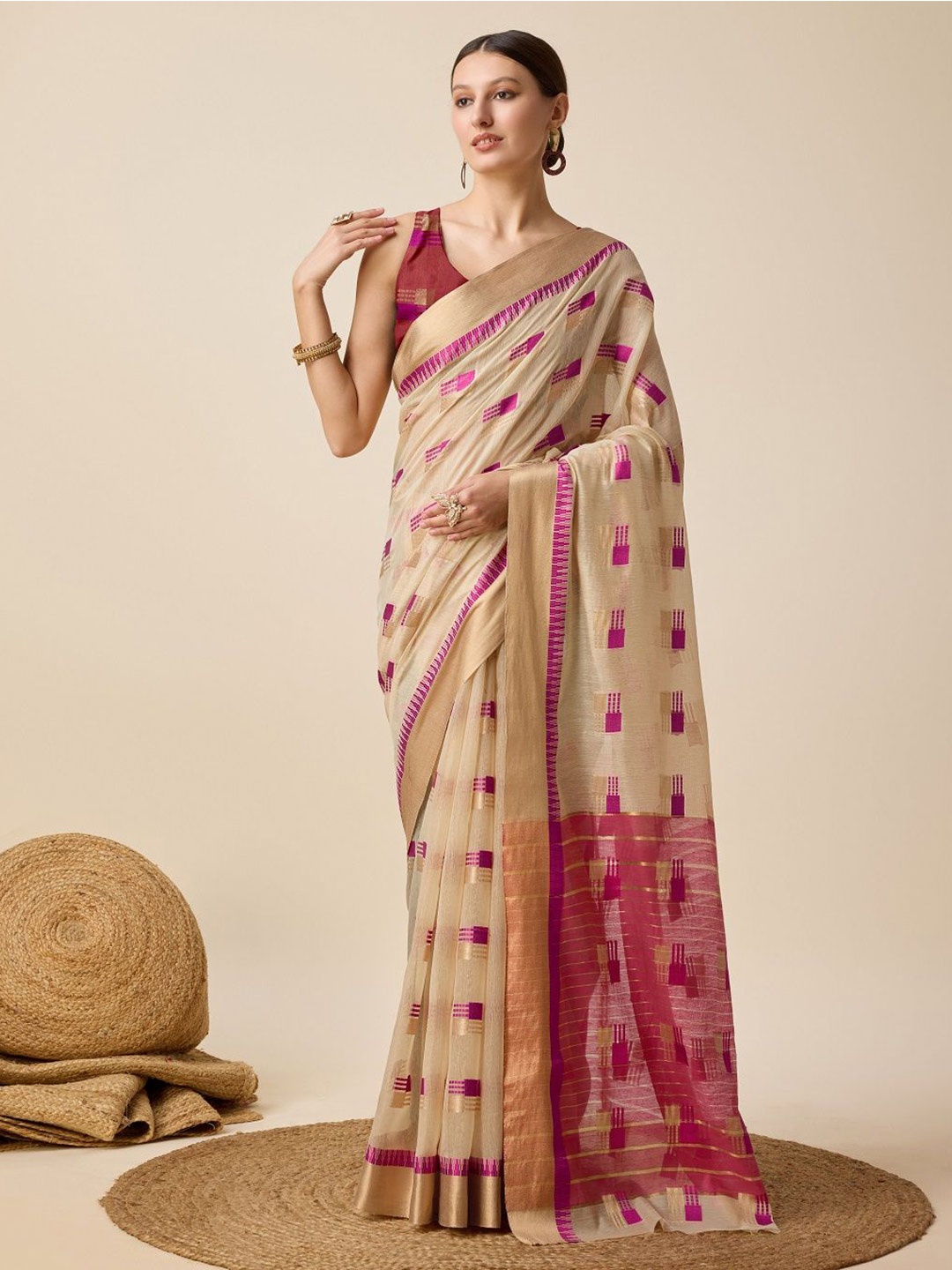 

SHOBHA SAREES Ethnic Motifs Zari Kota Saree, Beige