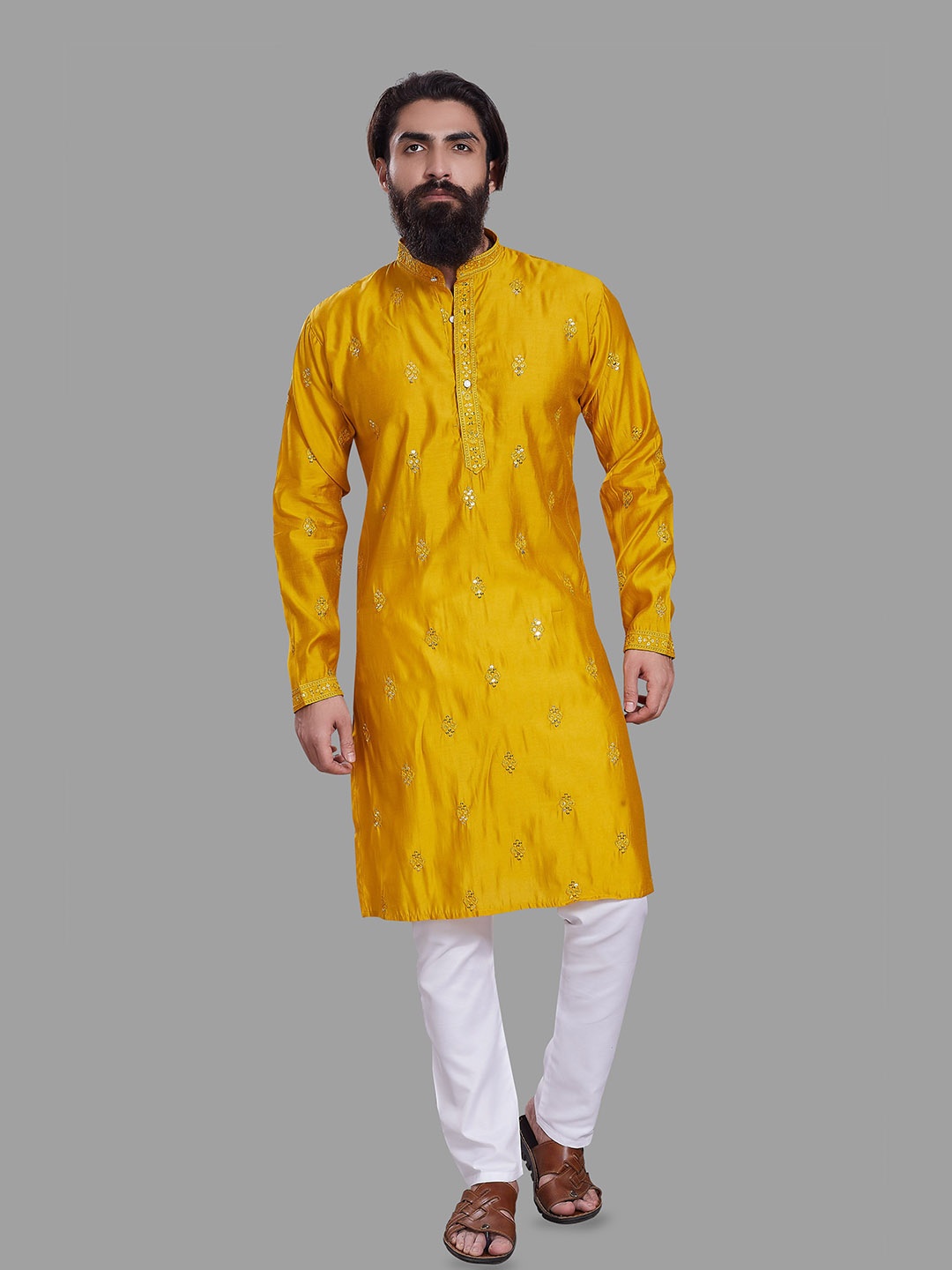 

DIVISIVE Floral Embroidered Sequinned Mandarin Collar Cotton Silk Straight Kurta, Yellow