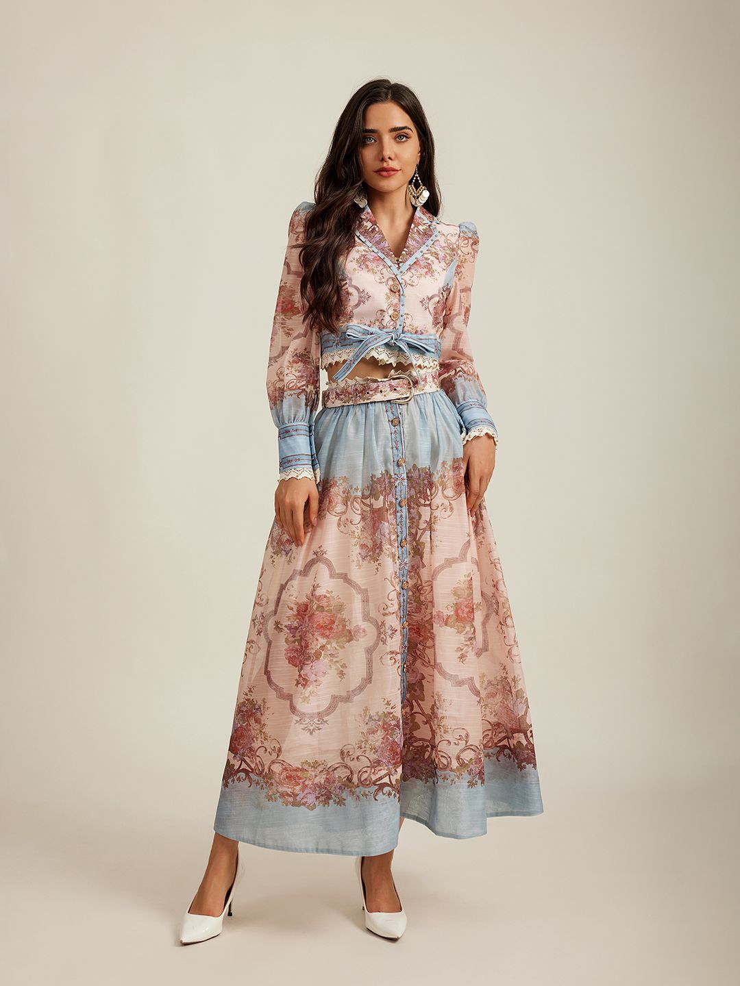 

JC Collection Floral Printed Lapelled Collar Bishop Sleeves Casual Crop Top With Skirt, Blue