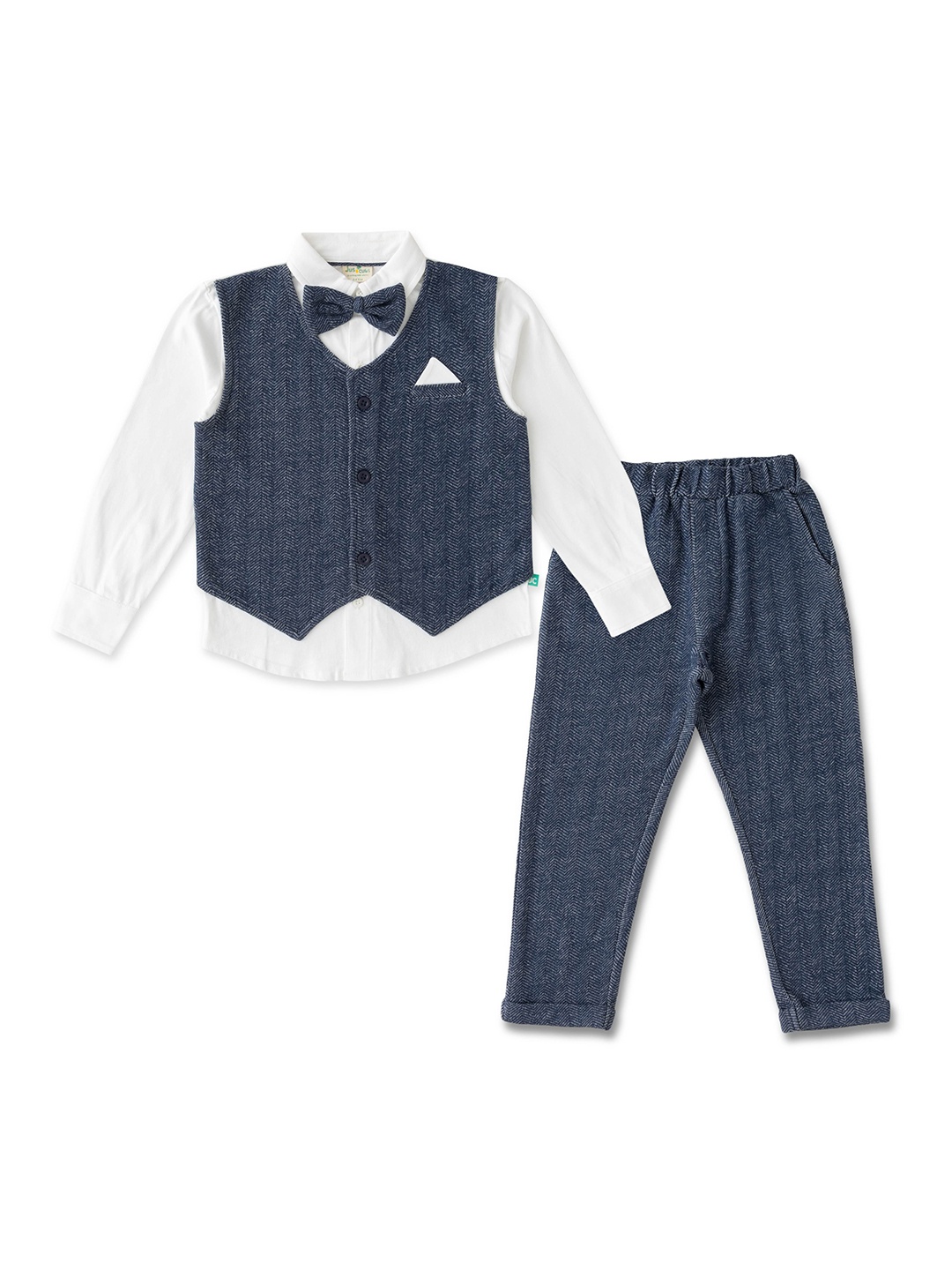

JusCubs Boys Self Design Spread Collar Shirt With Trousers & Waistcoat, Navy blue
