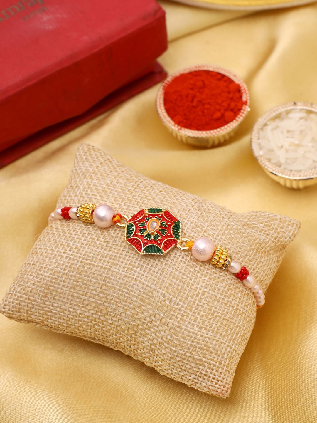 

Natures Buggy Beaded Thread Rakhi With Roli Chawal, Gold