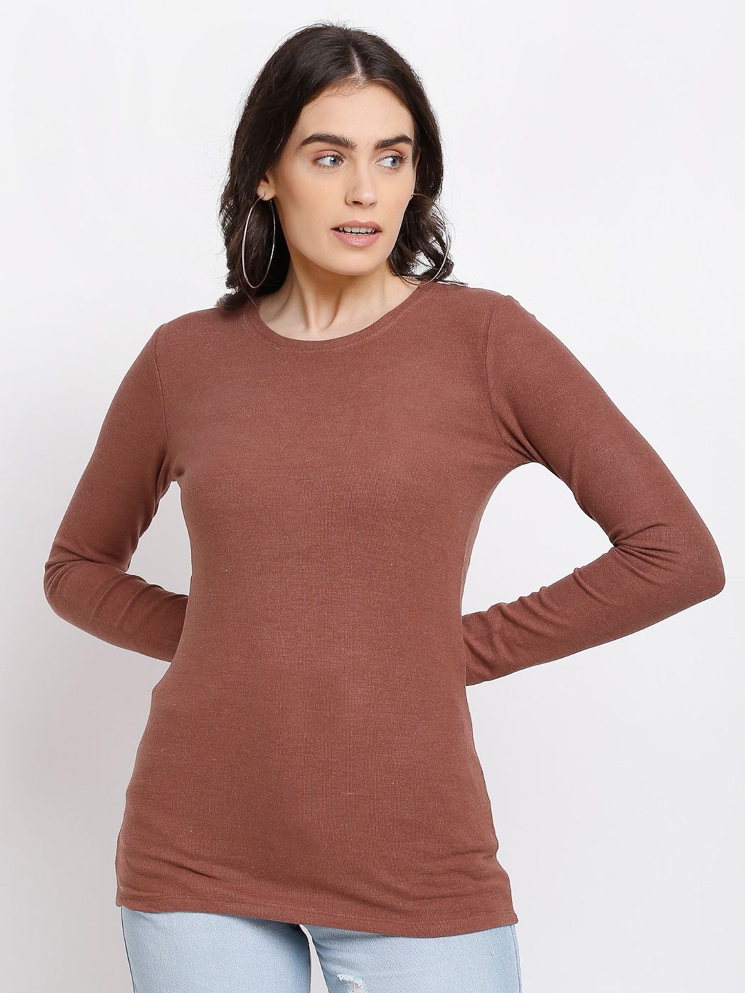 

Global Republic Women Solid Round Neck Top, Brown
