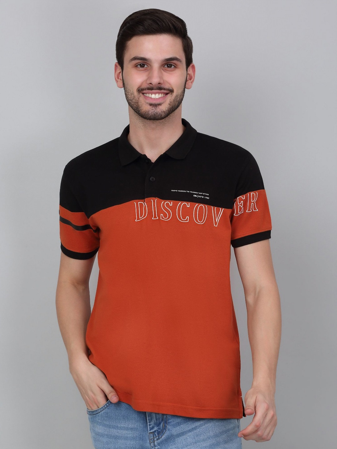 

Cantabil Men Colourblocked Polo Collar Cotton T-Shirt, Orange