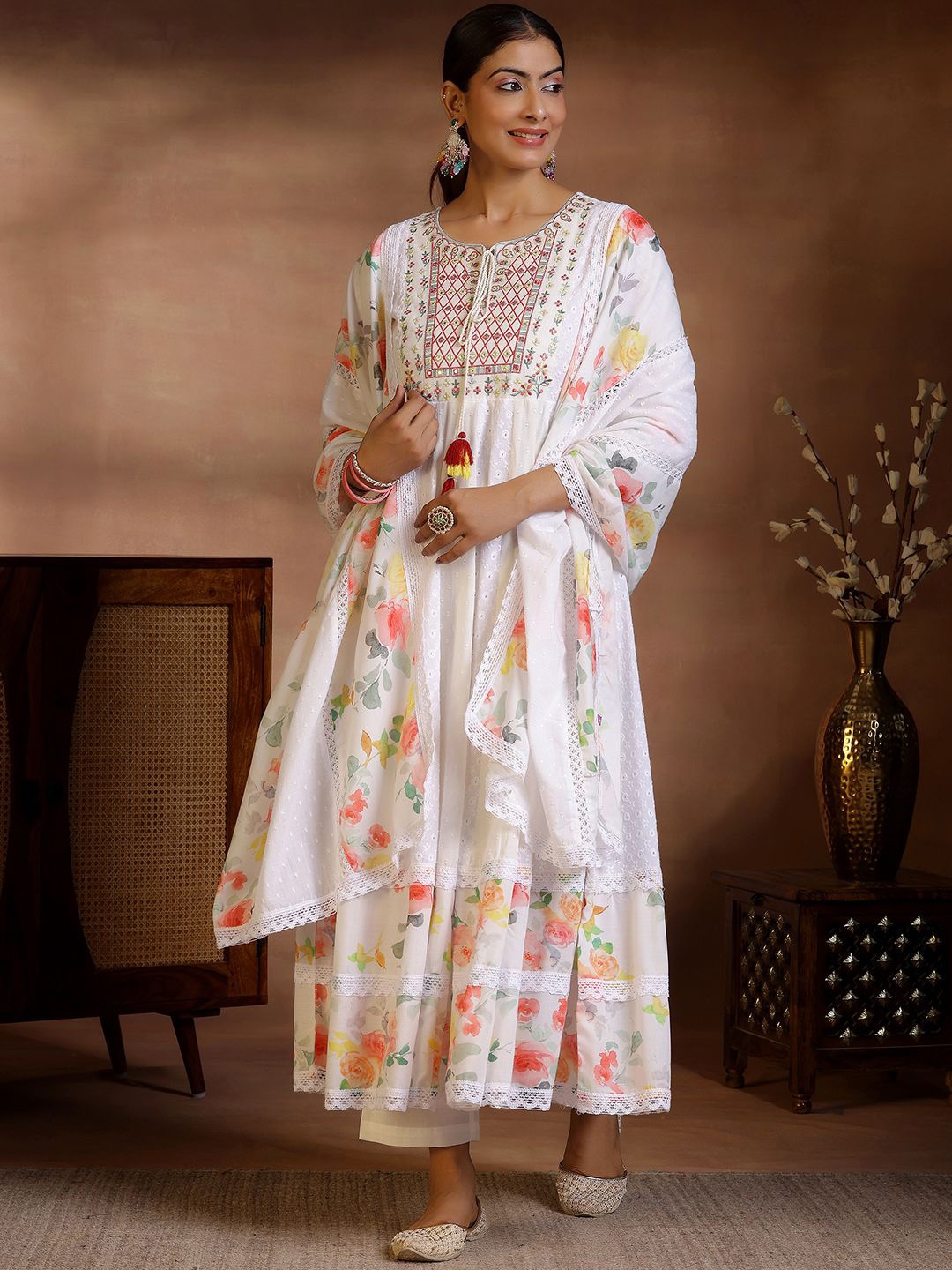 

Libas Floral Embroidered Mirror Work Pure Cotton Anarkali Kurta With Trouser & Dupatta, White