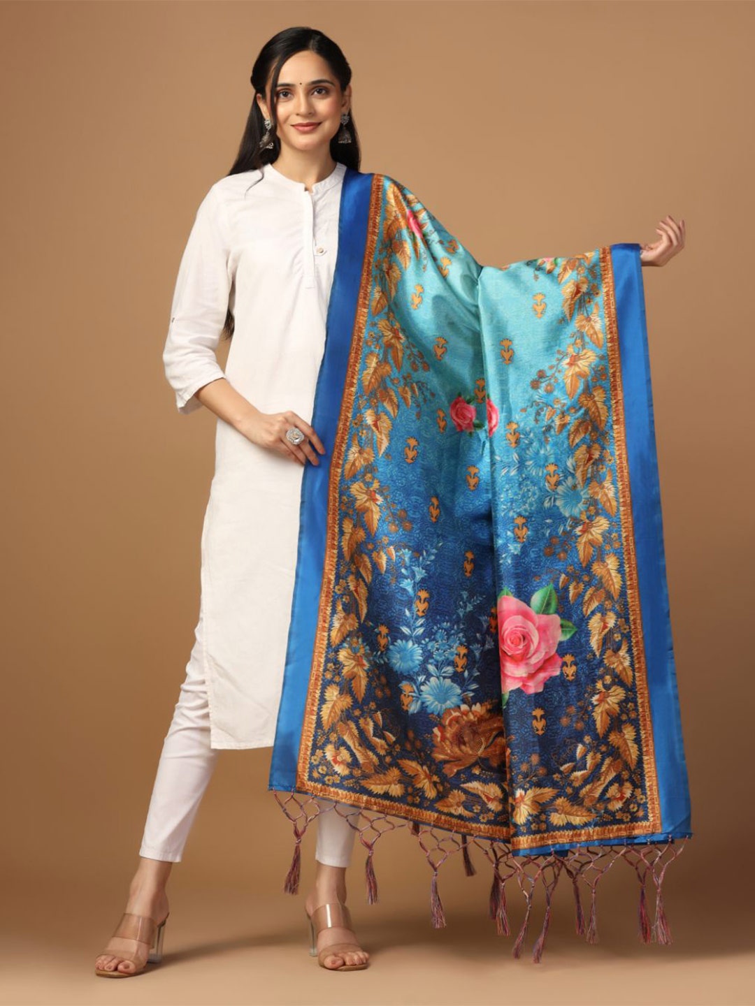 

Kaizen TEXO FAB Floral Printed Silk Dupatta, Blue