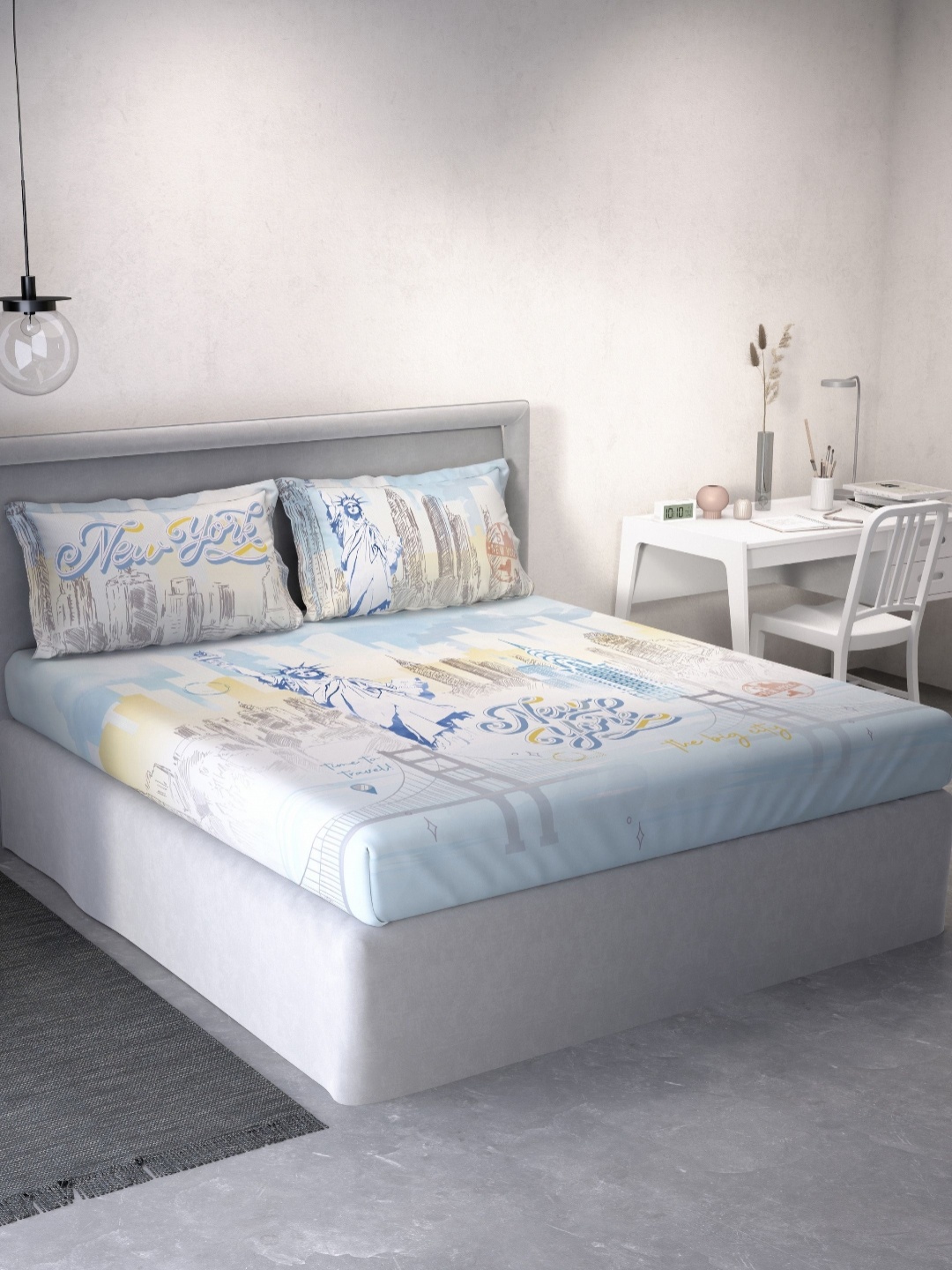 

DDecor Blue & White Graphic 145 TC Cotton Queen Bedsheet With 2 Pillow Covers