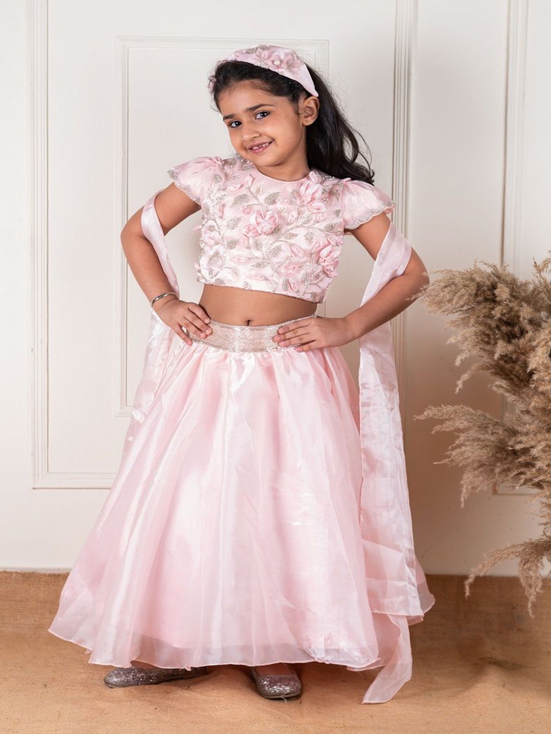 

Li'l Angels Girls Embroidered Thread Work Ready to Wear Lehenga & Blouse With Dupatta, Peach