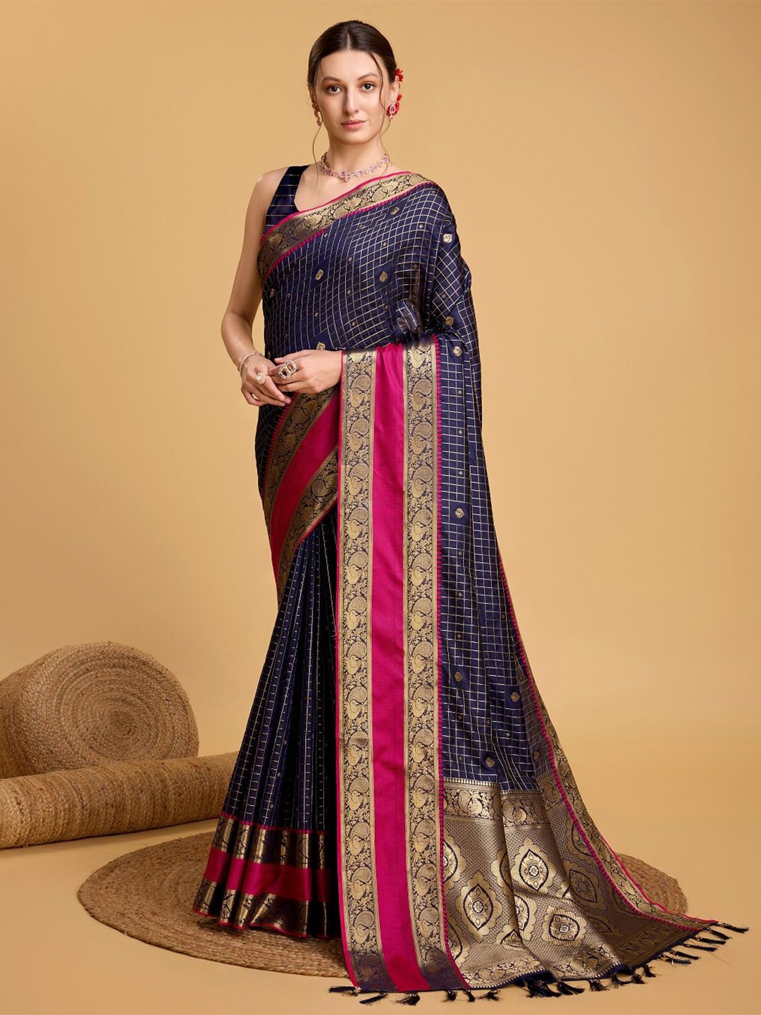 

SHOBHA SAREES Checked Zari Pure Silk Banarasi Saree, Navy blue