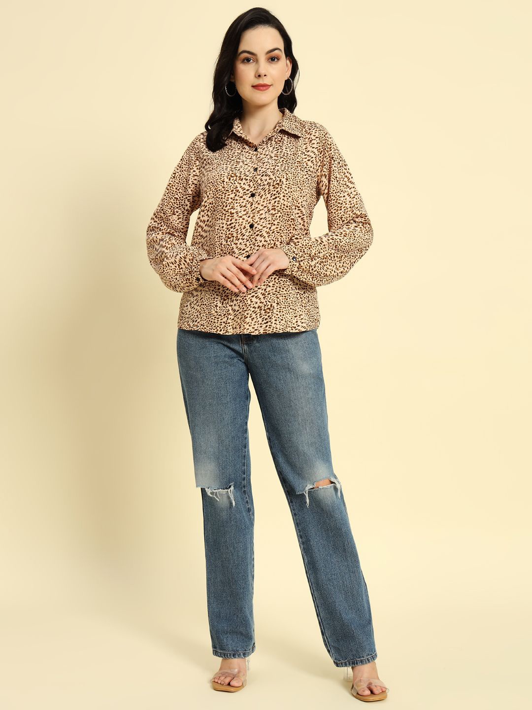 

HERE&NOW Women Standard Spread Collar Solid Oversized Casual Shirt, Na