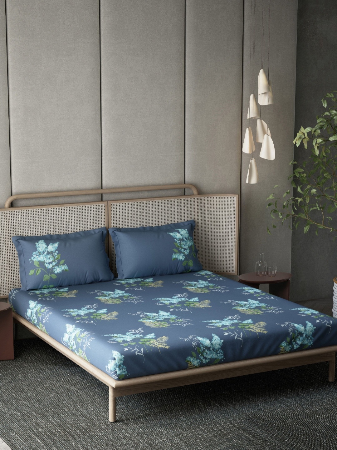 

DDecor Blue & Green Floral 145 TC Cotton Queen Bedsheet With 2 Pillow Covers