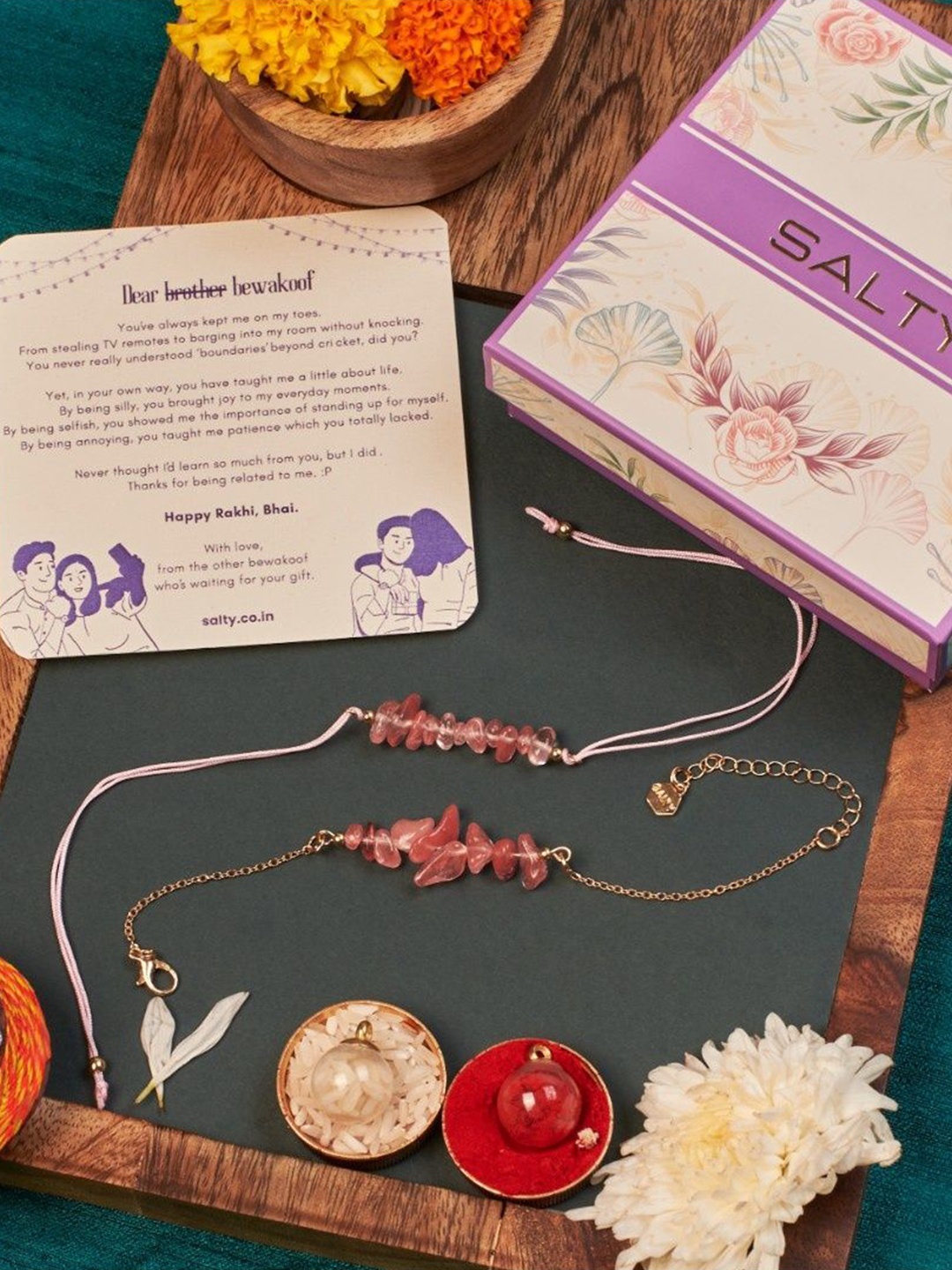 

SALTY Quartz Stone Studded Bhaiya and Bhabhi Rakhi Roli-Chawal & Greeting Card, Gold
