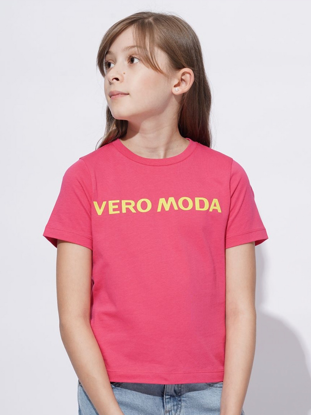 

Vero Moda Girls Typography Printed Round Neck Cotton T-Shirt, Pink