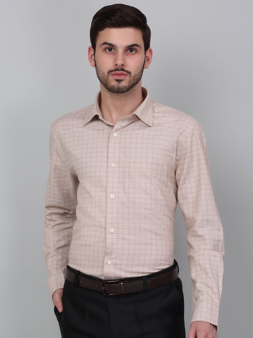 

Cantabil Men Spread Collar Checked Cotton Formal Shirt, Beige