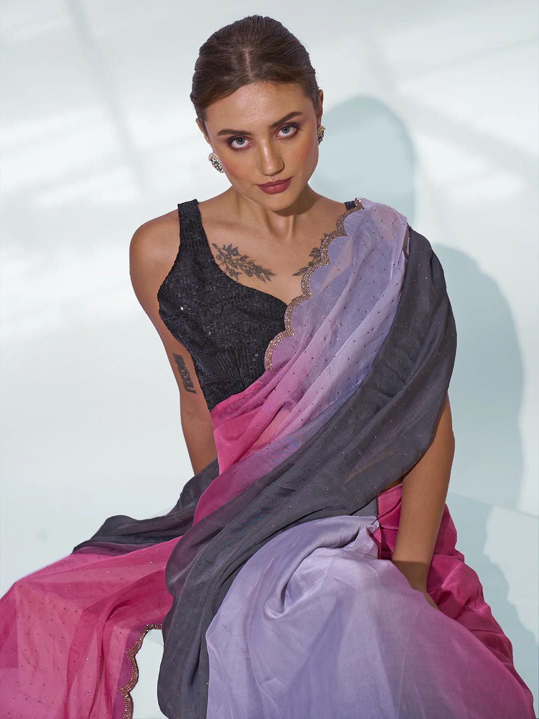 

Mitera Ombre Beads and Stones Organza Saree With Blouse Piece, Black