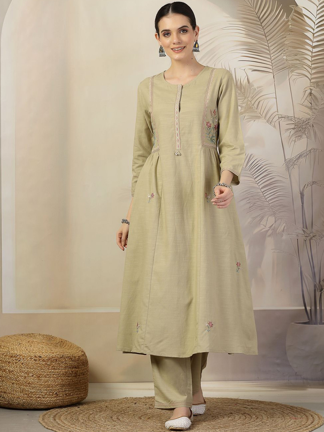 

Nayam By Lakshita Floral Embroidered Cotton Linen Thread Work A-Line Kurta with Trousers, Green