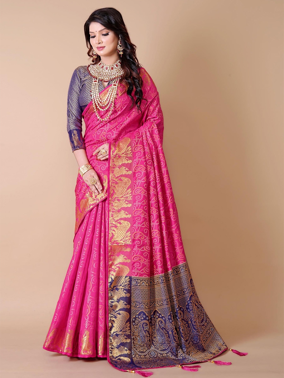 

AKSH FASHION Woven Design Zari Bandhani Patola Saree, Pink