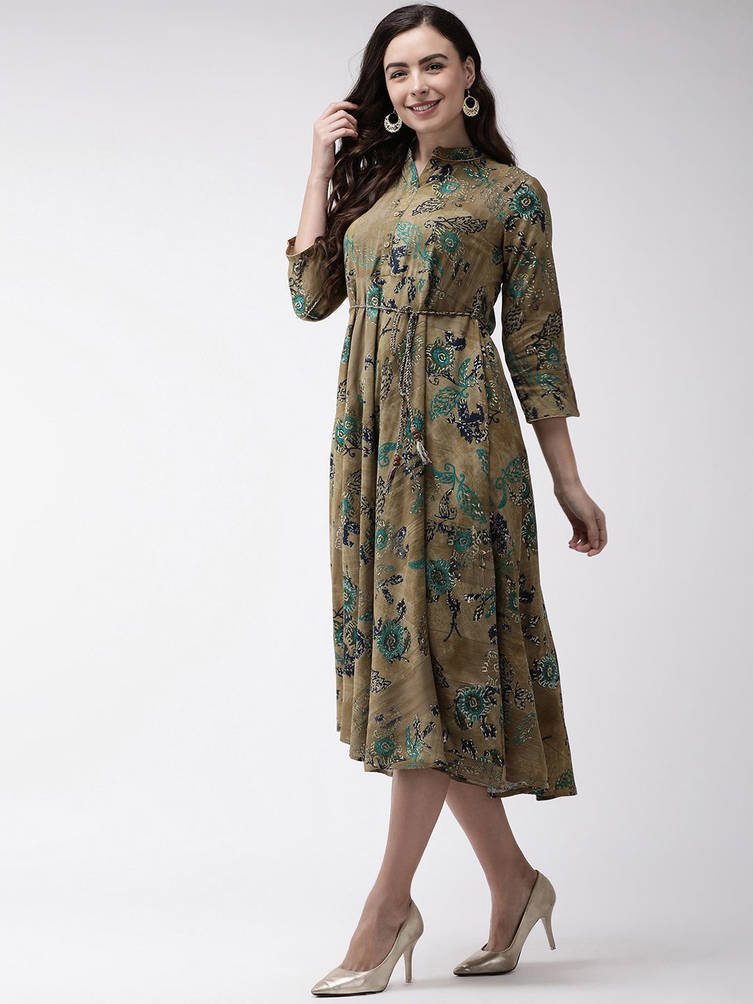 

Anouk Floral Printed A-Line Midi Dress, Olive
