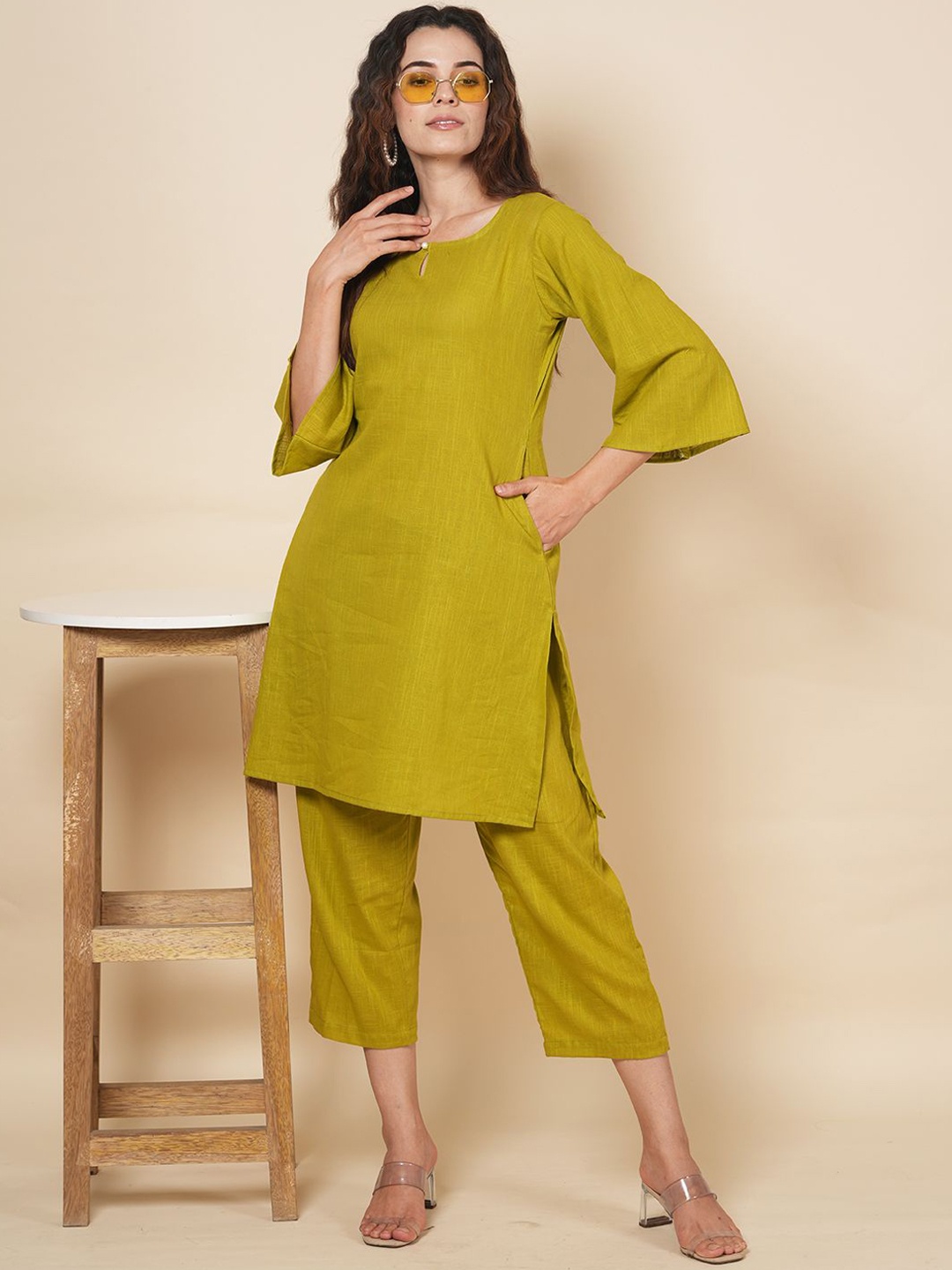 

LABEL KRISHA Pure-Cotton Tunic With Trouser Co-ords, Olive