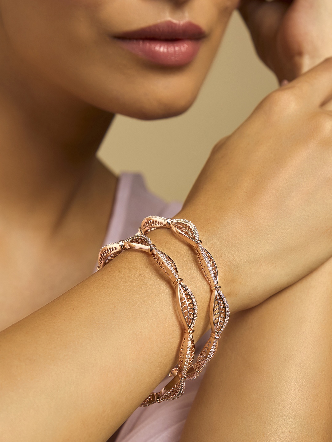 

Kushal's Fashion Jewellery Set Of 2 Rose Gold-Plated Zircon Stone-Studded Bangle