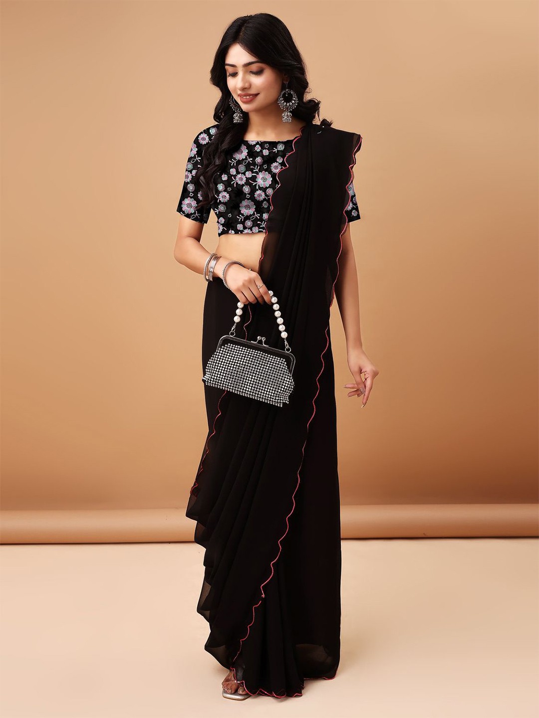 

COSBILA FASHION Solid Embroidered Saree, Black