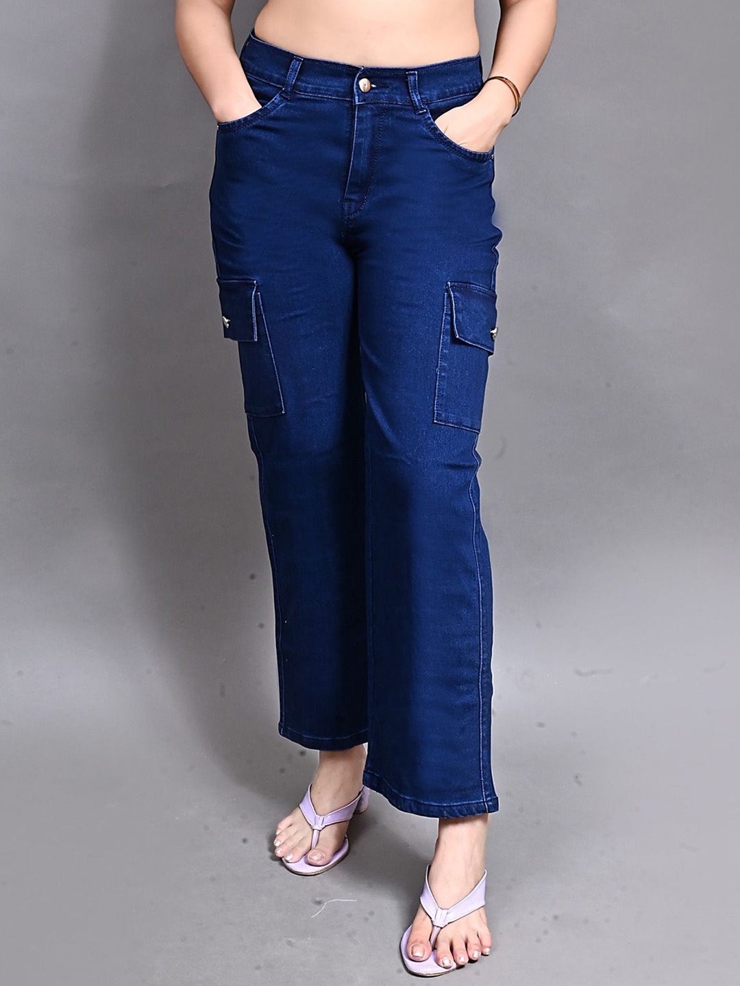 

Perfect Outlet Women Wide Leg High-Rise Stretchable Cargo Jeans, Blue