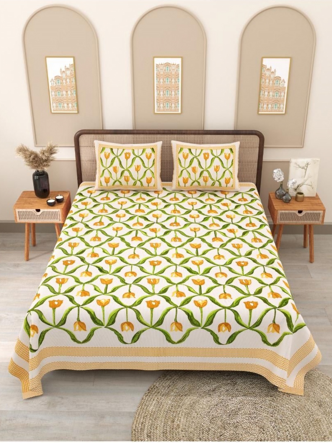 

Block Print Story Yellow & Green Floral 210 TC Queen Bedsheet with 2 Pillow Covers