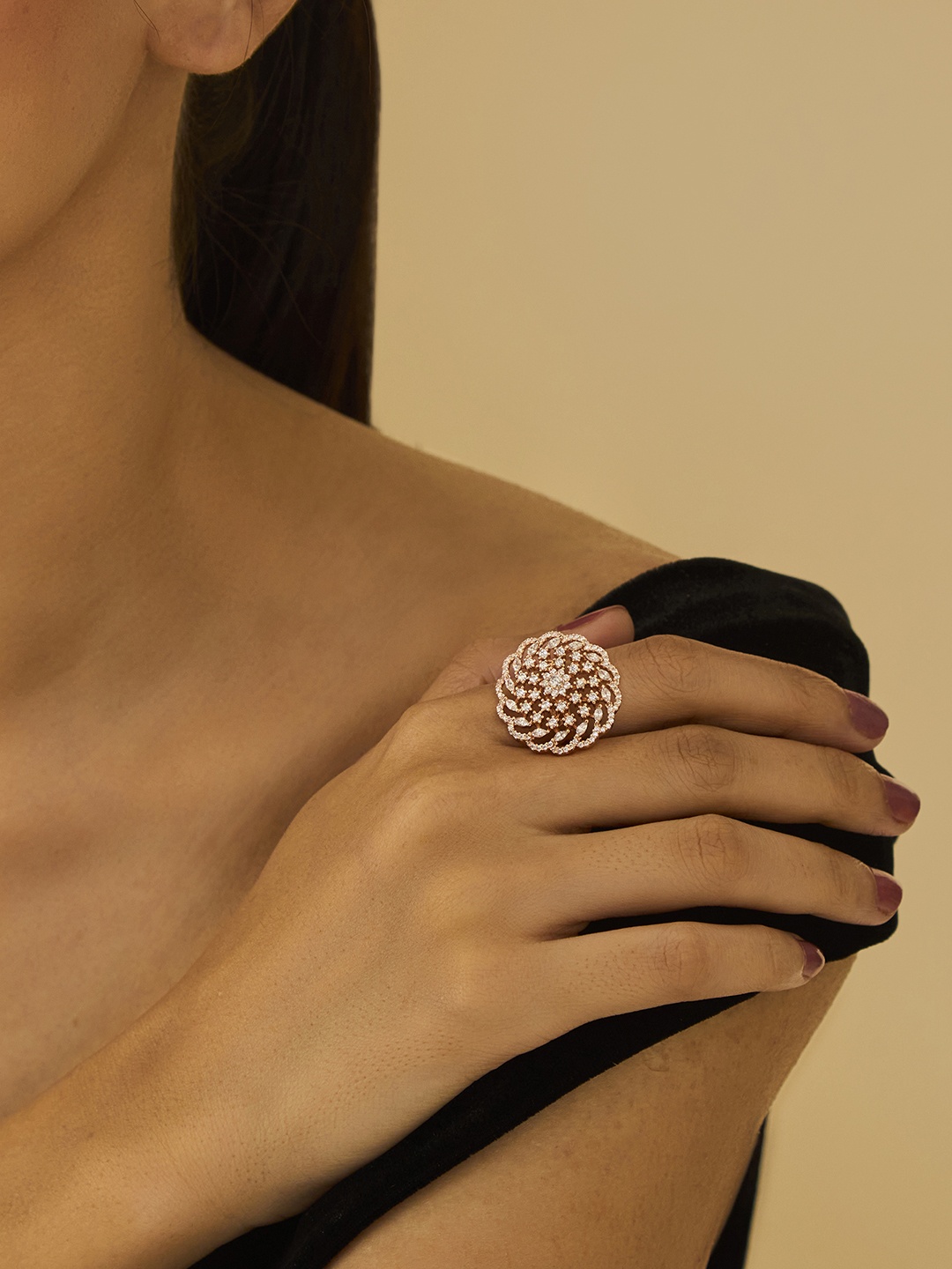 

Kushal's Fashion Jewellery Rose Gold Plated Cubic Zirconia Stone Studded Finger Ring
