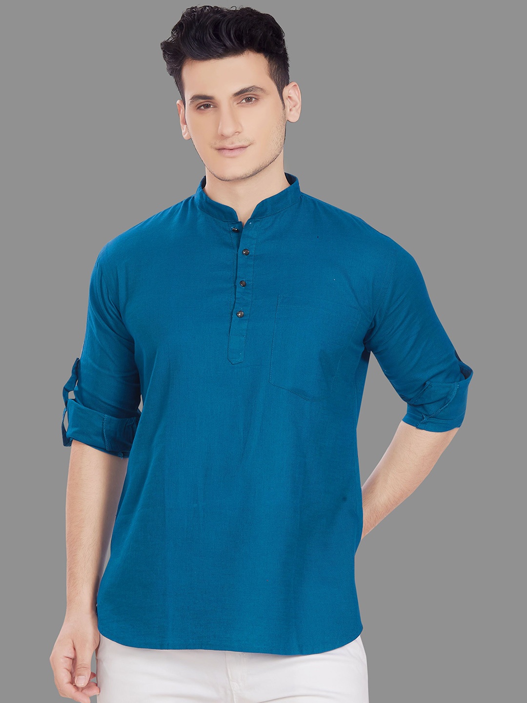 

DIVISIVE Mandarin Collar Roll-Up Sleeves Pure Cotton Straight Short Kurta, Navy blue