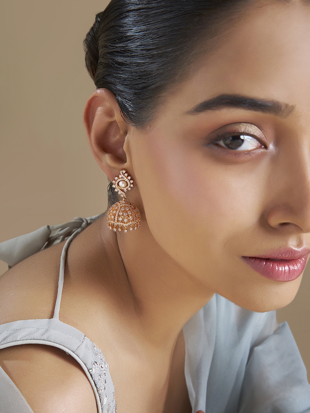 

Kushal's Fashion Jewellery Gold-Plated Zircon-Studded Dome Shaped Jhumkas