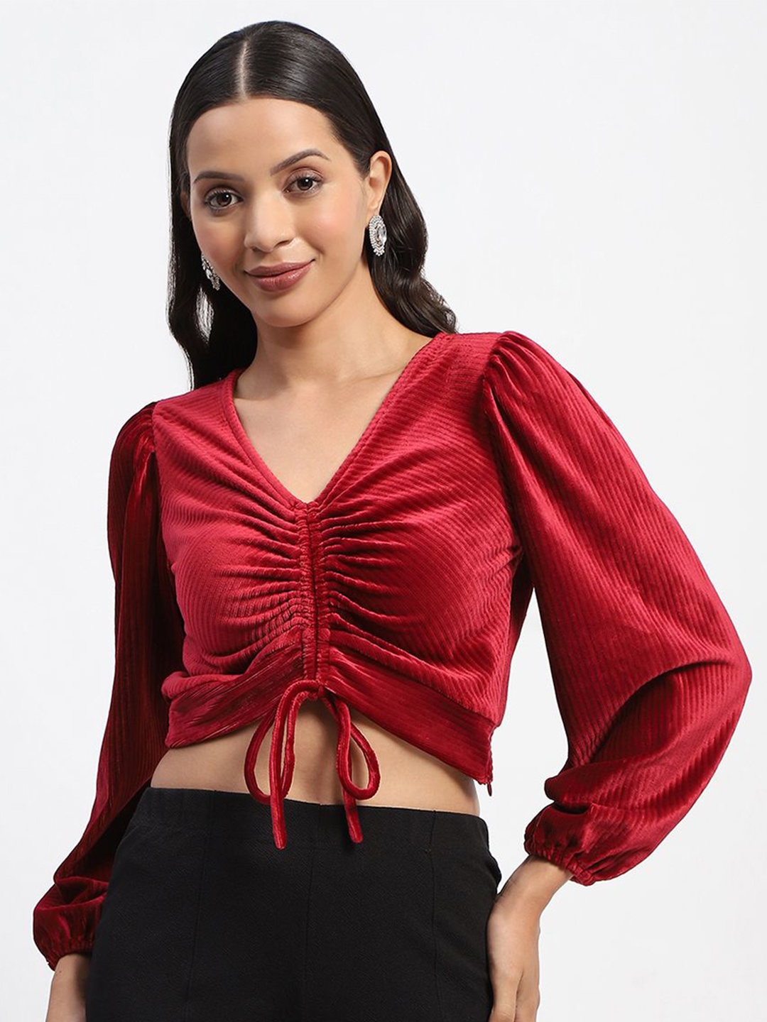 

Madame Women Solid V-Neck Top, Red