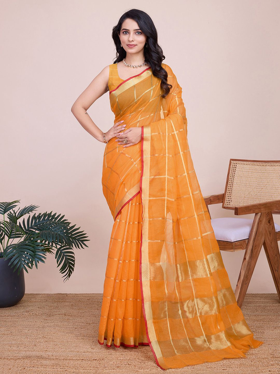 

KALINI Woven Design Zari Kota Saree, Orange