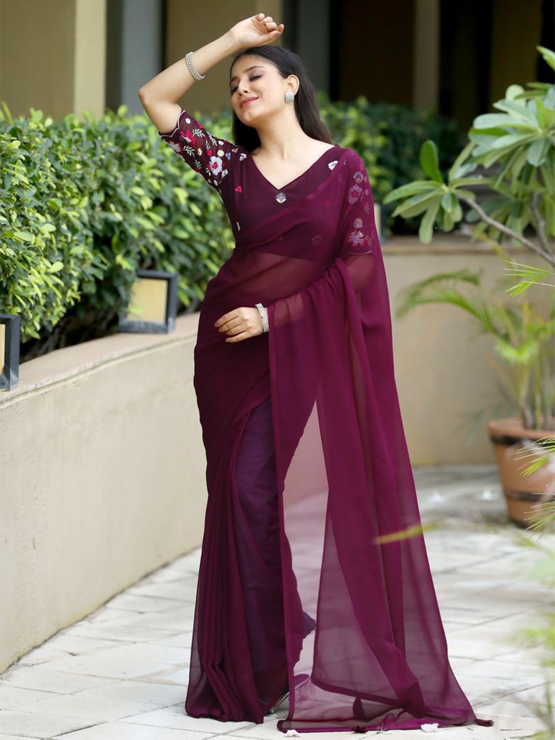 

COSBILA FASHION Solid Saree, Burgundy