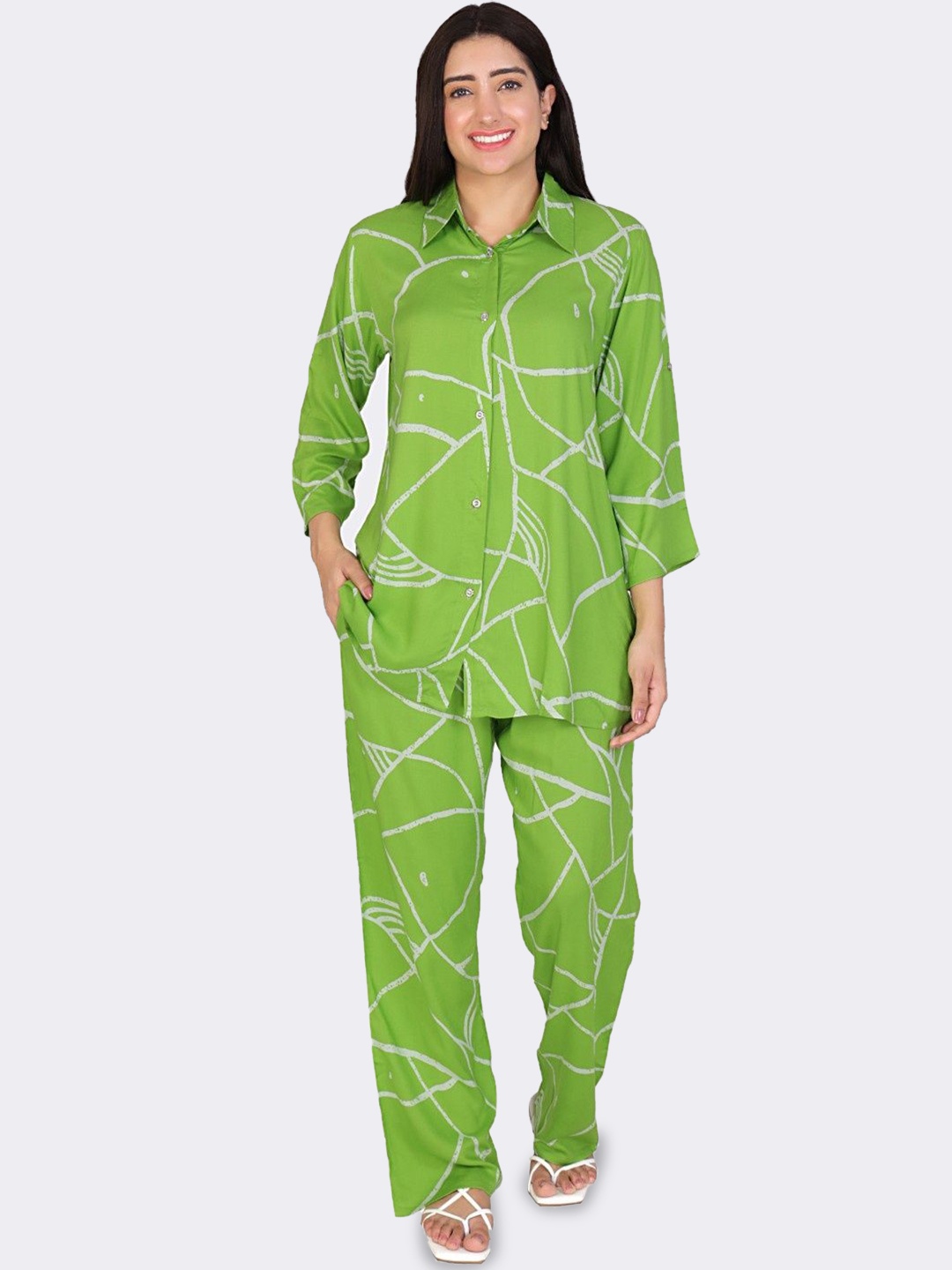

BAESD Printed Shirt With Palazzos, Green