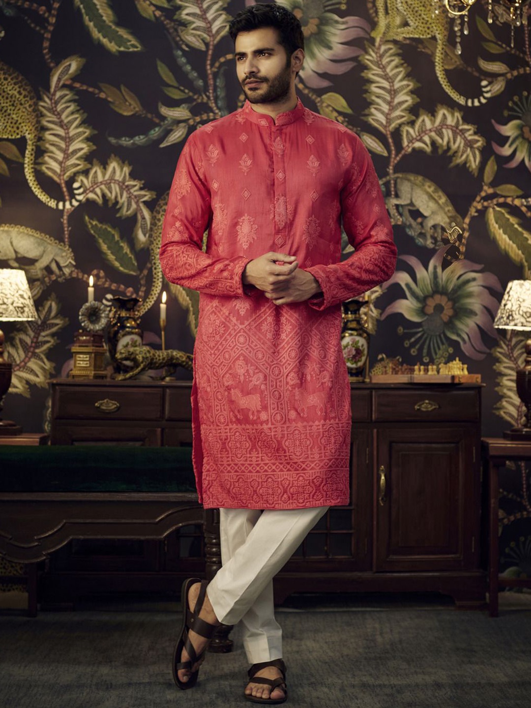

KASBAH CLOTHING NISHCHAIY SAJDEH Ethnic Embroidered Mandarin Collar Chikankari Silk Kurta, Pink