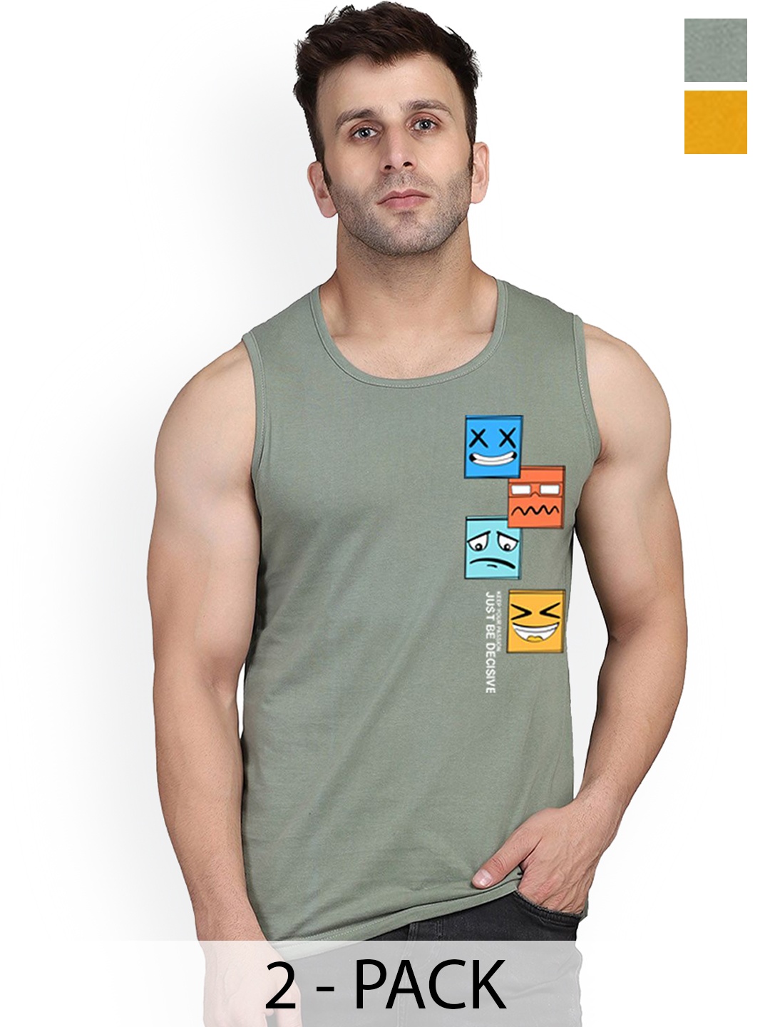 

SLOWLORIS Pack Of 2 Printed Cotton Gym Vests, Mustard