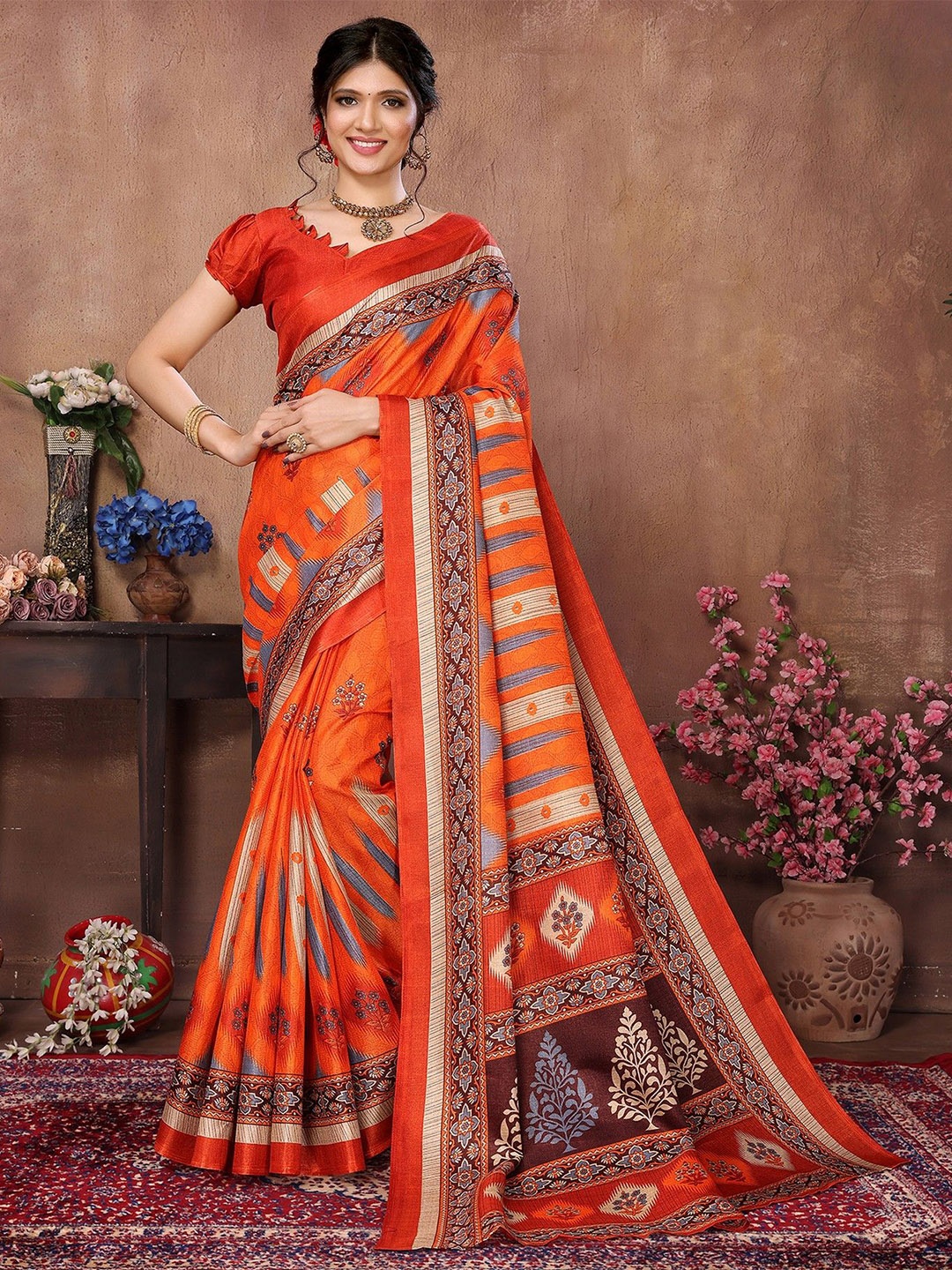 

KALINI Printed Floral Art Silk Mysore Silk Saree, Orange