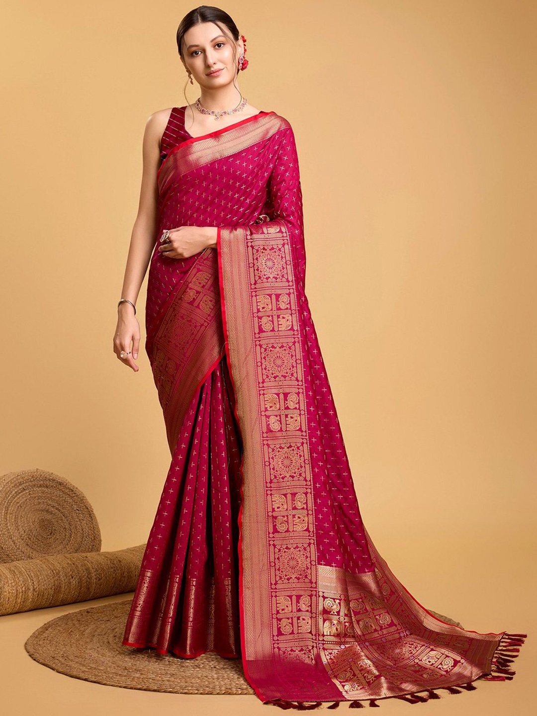 

LEOSAGI Woven Design Zari Pure Silk Kanjeevaram Saree, Pink